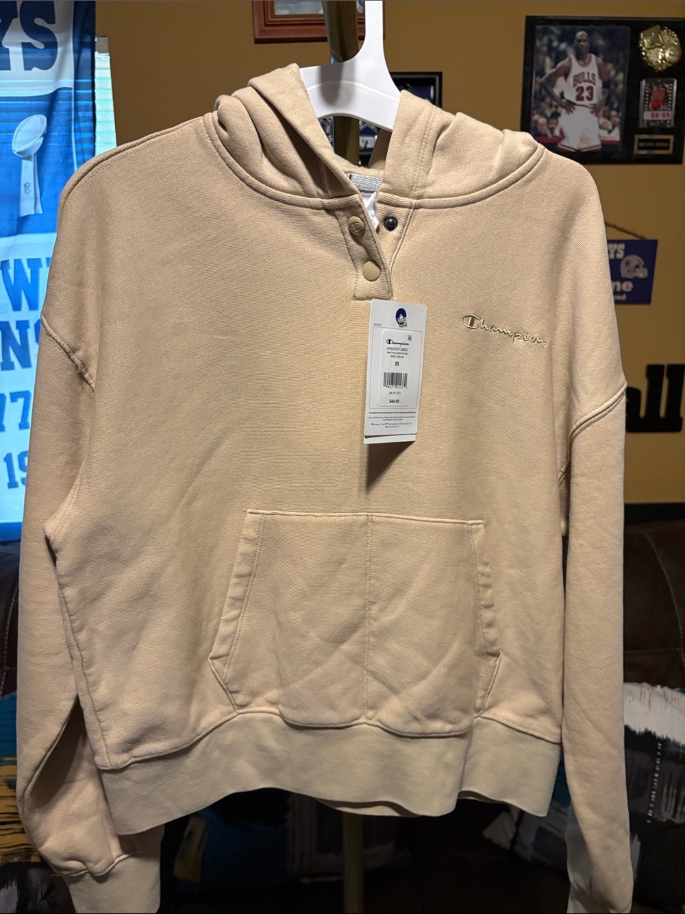 Champion Beige Pullover Hoodie with Embroidered Logo